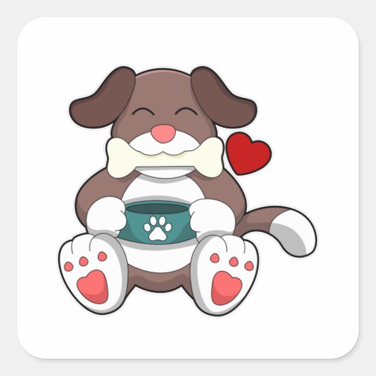 Hund mit Knochen Quadratischer Aufkleber (Vorderseite)