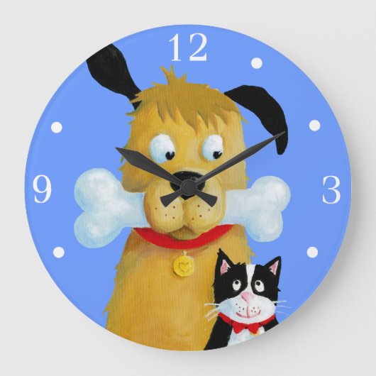 Hund mit Knochen und Katze - Wall-Uhr Große Wanduhr (Vorderseite)