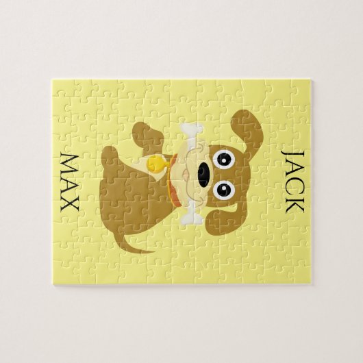 HUND MIT KNOCHENPUZLE. NAME DES KINDES UND HUNDES. PUZZLE (Horizontal)