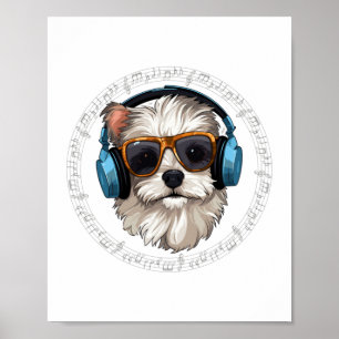 Hund mit Kopfhörer Hund mit Brille hören zu Poster