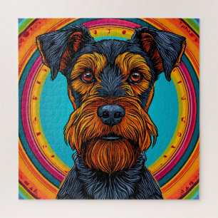 Hund mit lebendigem kreisförmigem Hintergrunddesig Puzzle