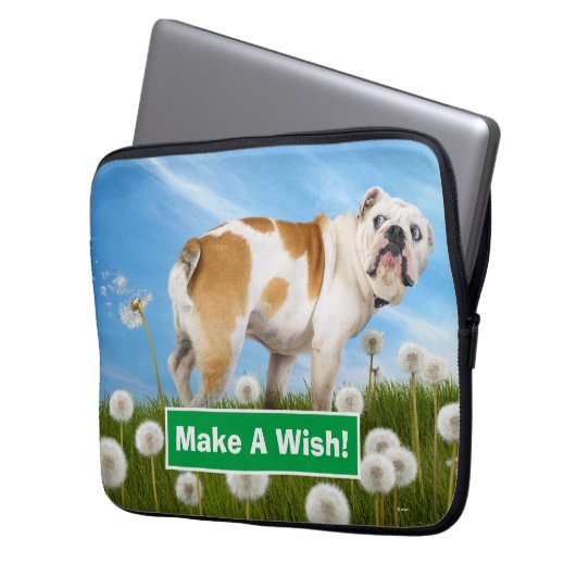 Hund mit Löwenzahn Laptopschutzhülle (Vorderseite Links)