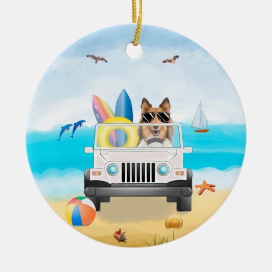 Hund mit rauer Collie Driving on Beach Keramik Ornament (Vorne)