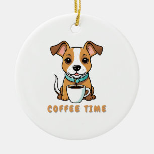 Hund mit Tasse Kaffee Keramik Ornament