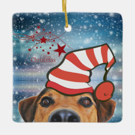 Hund mit Weihnachtsmannmütze Keramik Ornament