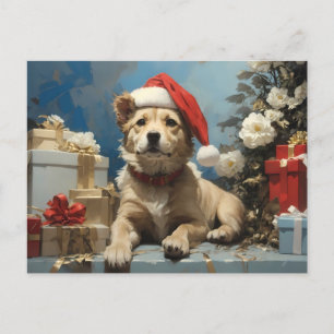 Hund mit Weihnachtsmannmütze und vielen Geschenkbo Postkarte