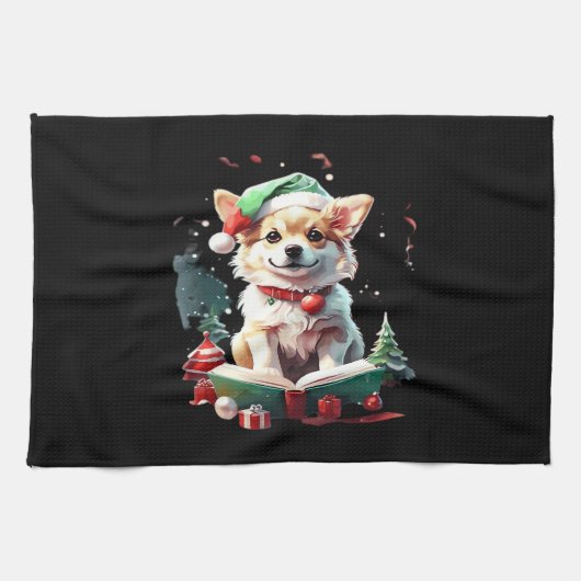 Hund mit Weihnachtsmütze und Büchern - Ein perfekt Geschirrtuch (Horizontal)