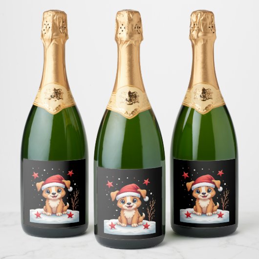 Hund mit Weihnachtsstars für die Feierliche Jahres Schaumweinetikett (Flaschen)