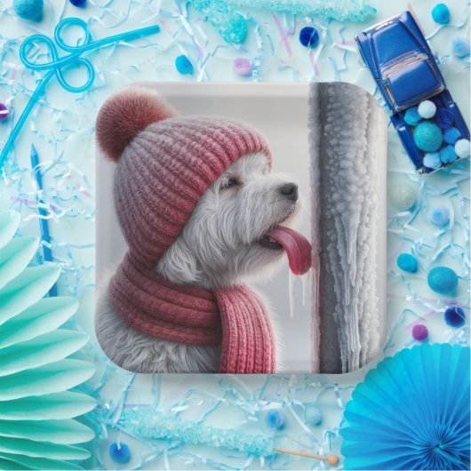 Hund mit Zunge auf gefrorenem Fahnepol Pappteller (Party)