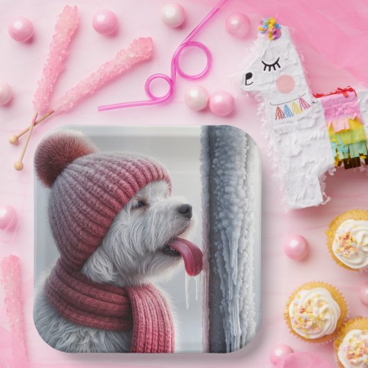 Hund mit Zunge auf gefrorenem Fahnepol Pappteller (Party)