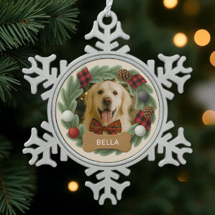 Hund Personalisiert Name Foto Weihnachten Kariert Schneeflocken Zinn-Ornament