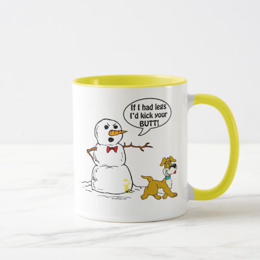 Hund pinkelt auf Schneemann-Witz Tasse (Rechts)