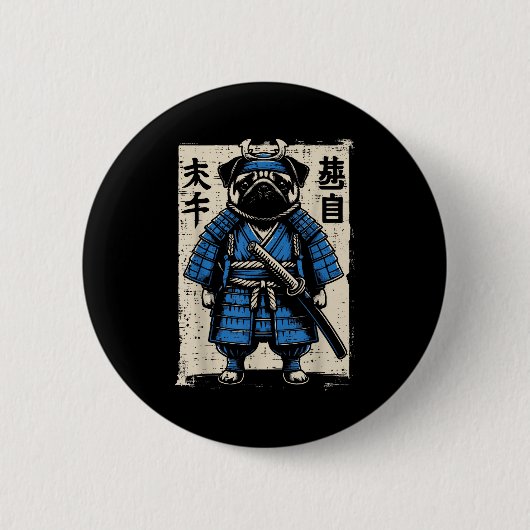 Hund Pug Samurai Lustig Japanischer Krieger Kunst Button (Vorderseite)