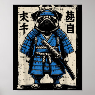 Hund Pug Samurai Lustiger Japanischer Krieger Kuns Poster