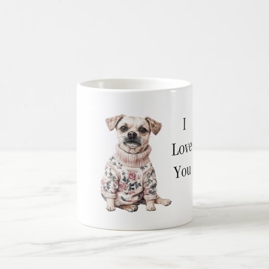 Hund Rosa Blumenpullover Ich liebe dich (Welpenlie Kaffeetasse (Mittel)