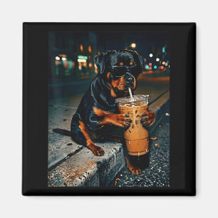 Hund Rottweiler trinkt eisgekühlten Kaffee lustige Magnet