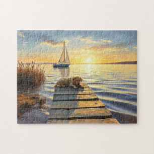 Hund sitzt bei Sonnenuntergang auf dem Dock Puzzle