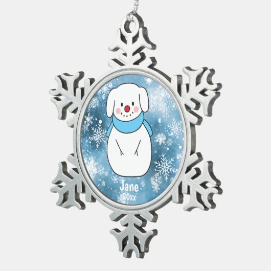 Hund Snowman mit Blue Snowflake Bokeh Hintergrund Schneeflocken Zinn-Ornament (Rechts)