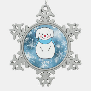 Hund Snowman mit Blue Snowflake Bokeh Hintergrund Schneeflocken Zinn-Ornament
