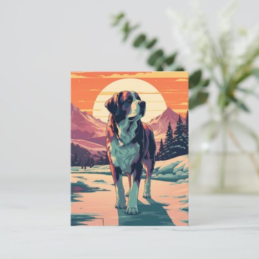 Hund St.Bernard im Schneewald bei Sonnenuntergang Postkarte (Stehend Vorderseite)
