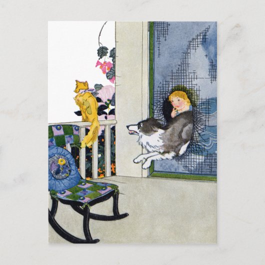 Hund stürzt Bildschirmklappe, um Katze zu erhalten Postkarte (Vorderseite)