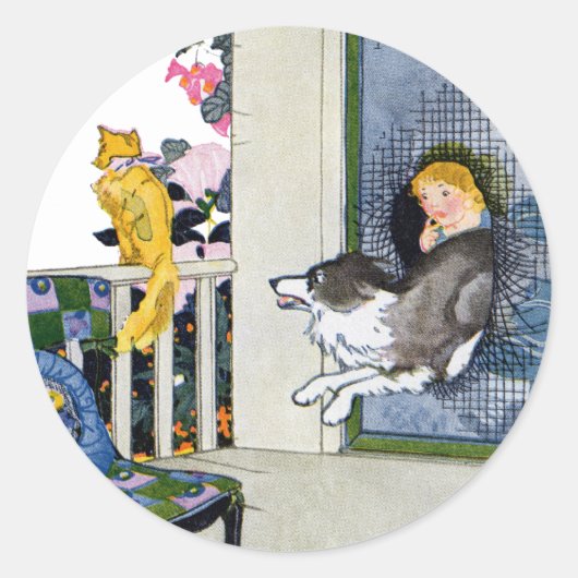 Hund stürzt Bildschirmklappe, um Katze zu erhalten Runder Aufkleber (Vorderseite)