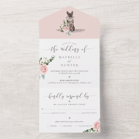 Hund und Blütenrosa Rose All In One Einladung (Innen Boden)