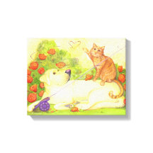 Hund und Katze / gestreifte Canvas 14" x 11"