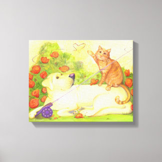 Hund und Katze / gestreifte Canvas 14" x 11" Leinwanddruck