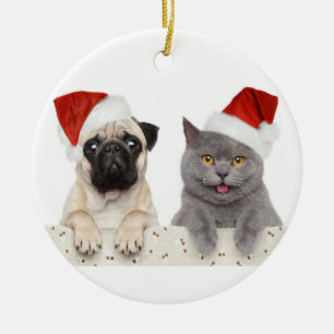 Hund und Katze im roten Weihnachtshut Keramikornament