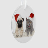 Hund und Katze im roten Weihnachtshut Ornament (Vorderseite)