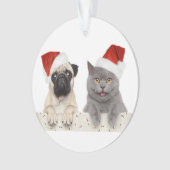 Hund und Katze im roten Weihnachtshut Ornament (Vorderseite)