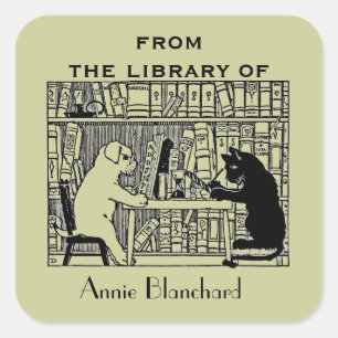 Hund und Katze in der Bibliothek Quadratischer Aufkleber