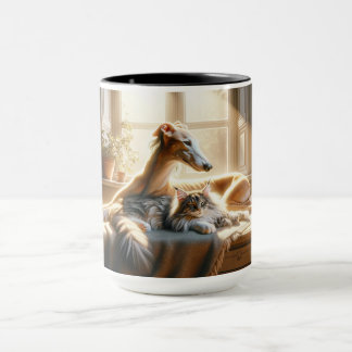 Hund und Katze kuscheln. Tasse
