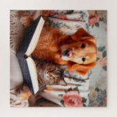Hund und Katze lesen ein Buch Puzzle (Horizontal)