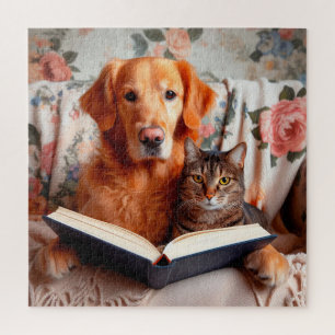 Hund und Katze lesen ein Buch Puzzle