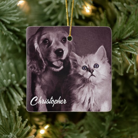 Hund und Katze, Personalisiert nachsehen Keramikornament (Baum)