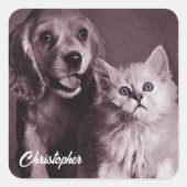 Hund und Katze, Personalisiert nachsehen Quadratischer Aufkleber (Vorderseite)
