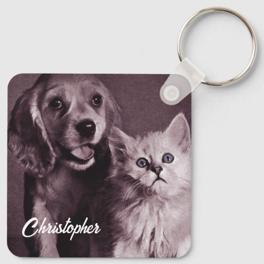 Hund und Katze, Personalisiert nachsehen Schlüsselanhänger (Rückseite)