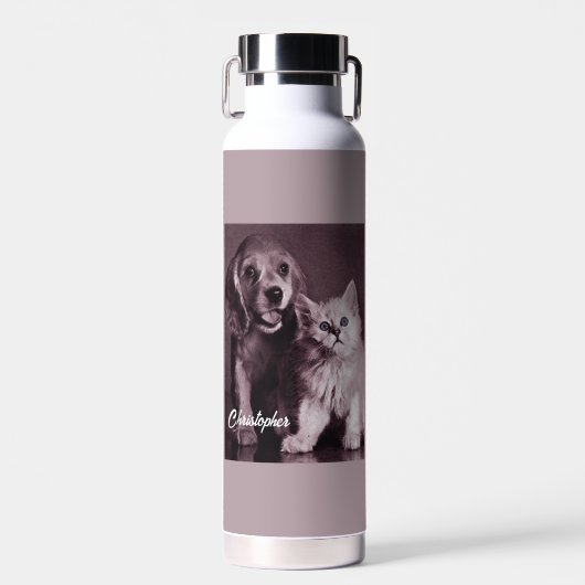 Hund und Katze, Personalisiert nachsehen Trinkflasche (Vorne)