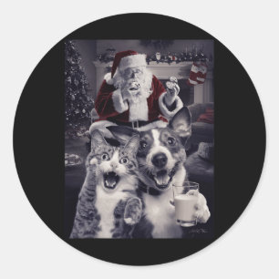 Hund und Katze Selfie mit Weihnachten Runder Aufkleber