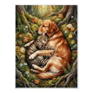 Hund und Katze Umarmen Wald Wildtiergefährten Flie Poster