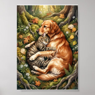 Hund und Katze Umarmen Wald Wildtierkameradschaft Poster