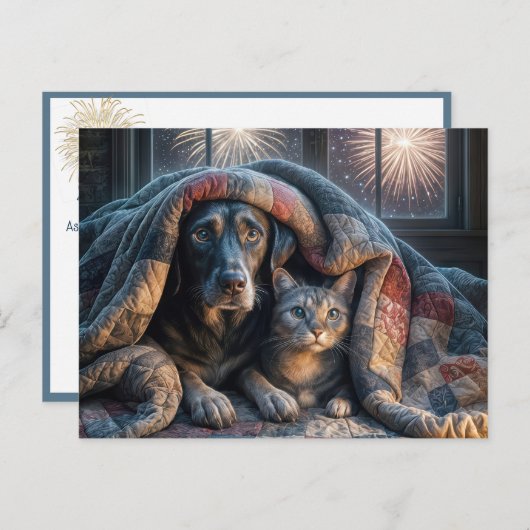 Hund und Katze unter einem Quilt Postkarte (Vorne/Hinten)