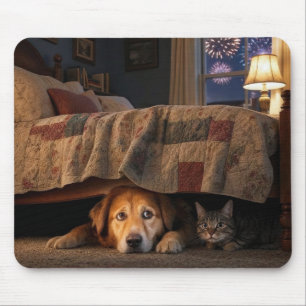 Hund und Katze verstecken sich unter einem Bett Mousepad