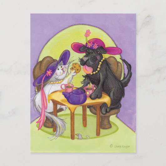 Hund und Katzen Tee Party Postkarte (Vorderseite)