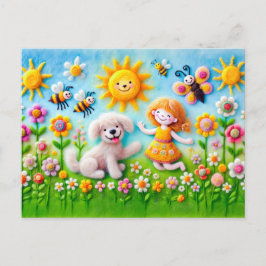 Hund und Kind im Blumengarten fühlen Postkarte