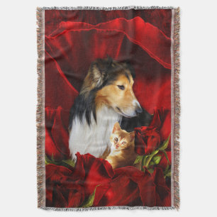 Hund und Kitten in Rote Rosen eingebettet Decke