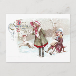 Hund und Mädchen auf Sled Vintage Weihnachten