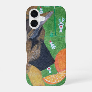 Hund und orangefarbener Telefon-Schutz iPhone 16 Hülle
